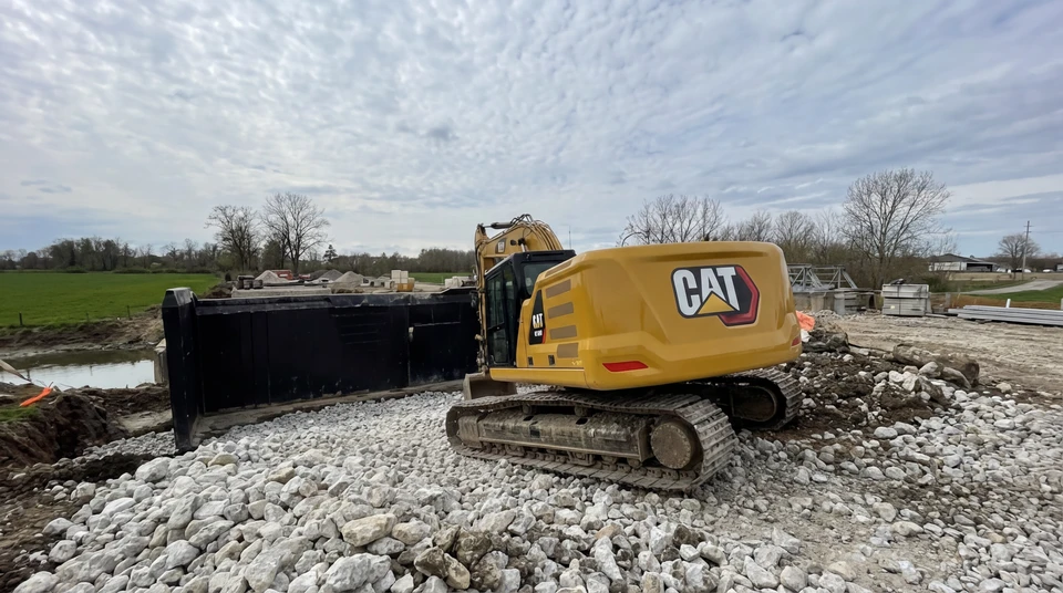 Sc&egrave;ne ext&eacute;rieure montrant un op&eacute;rateur en chemise ray&eacute;e bleue manipulant les commandes d'un engin de chantier jaune