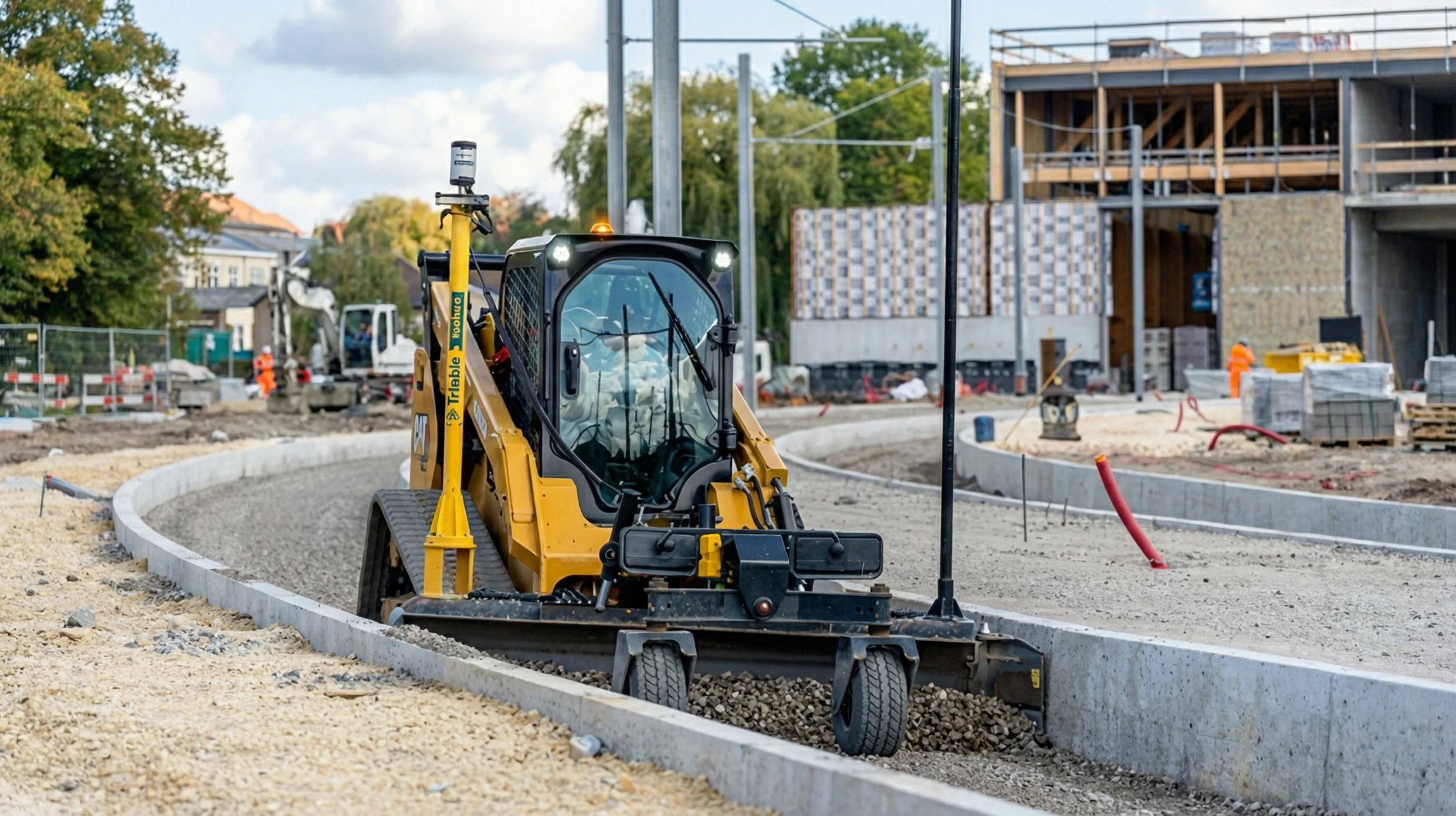 Chantier de construction ext&eacute;rieur avec pelleteuse hydraulique jaune en action sur terrain excav&eacute;
